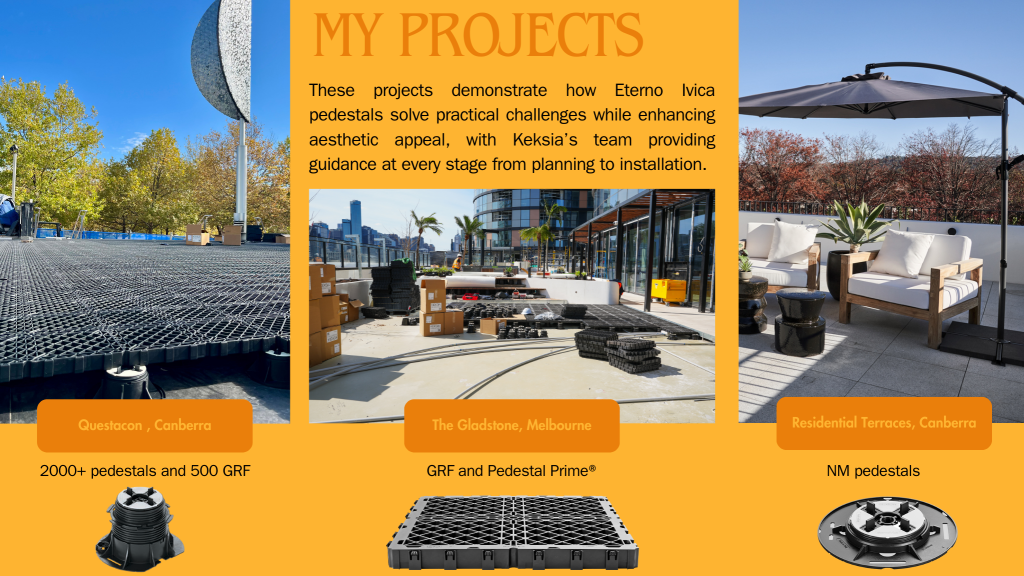 These projects demonstrate how Eterno Ivica pedestals solve practical challenges while enhancing aesthetic appeal, with Keksia’s team providing guidance at every stage from planning to installation.

